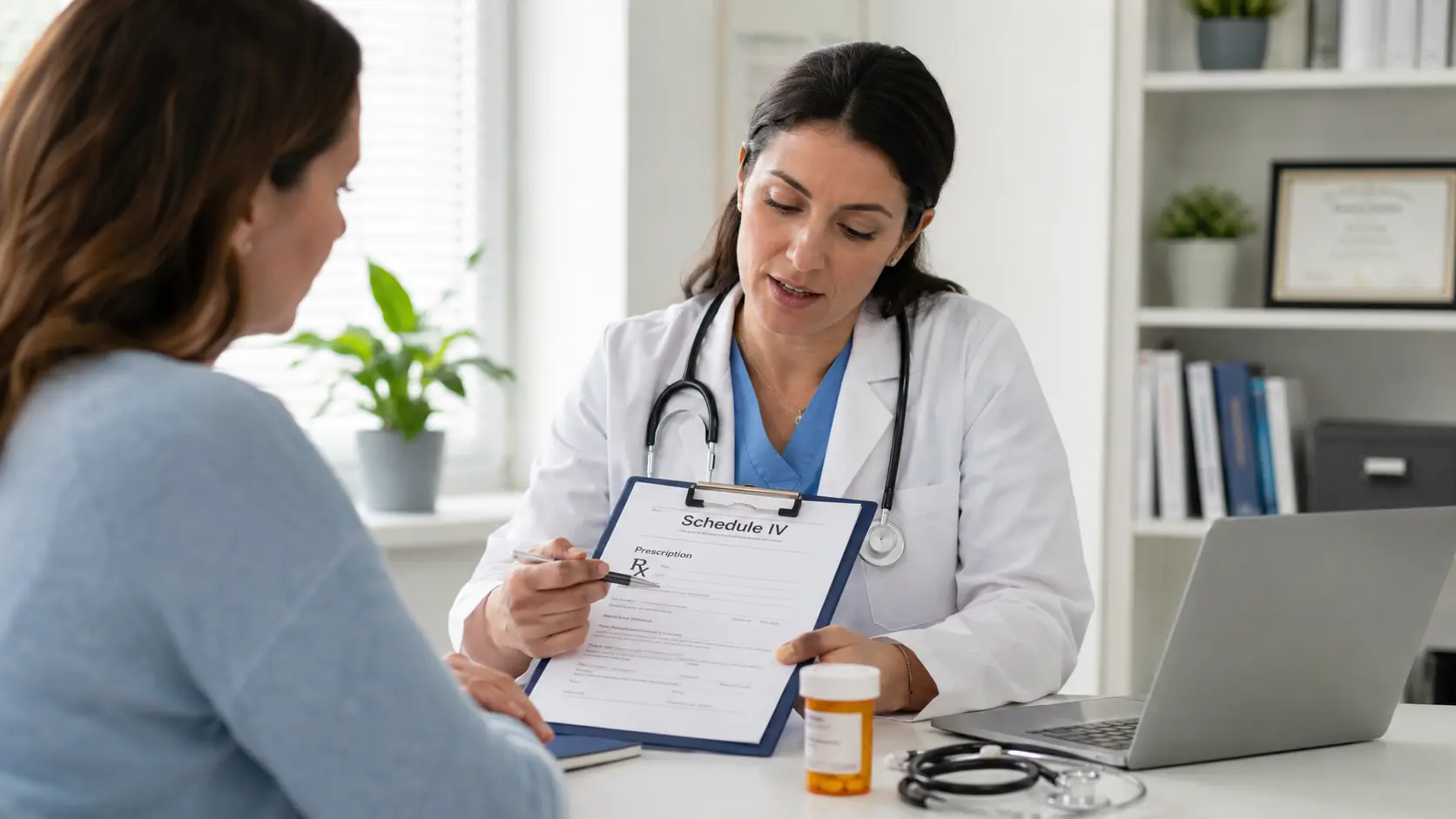 Doctor explaining phentermine controlled substance rules to a patient.