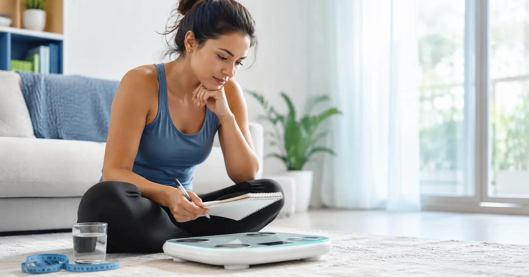 Woman tracking phentermine results after 2 weeks beside a digital scale